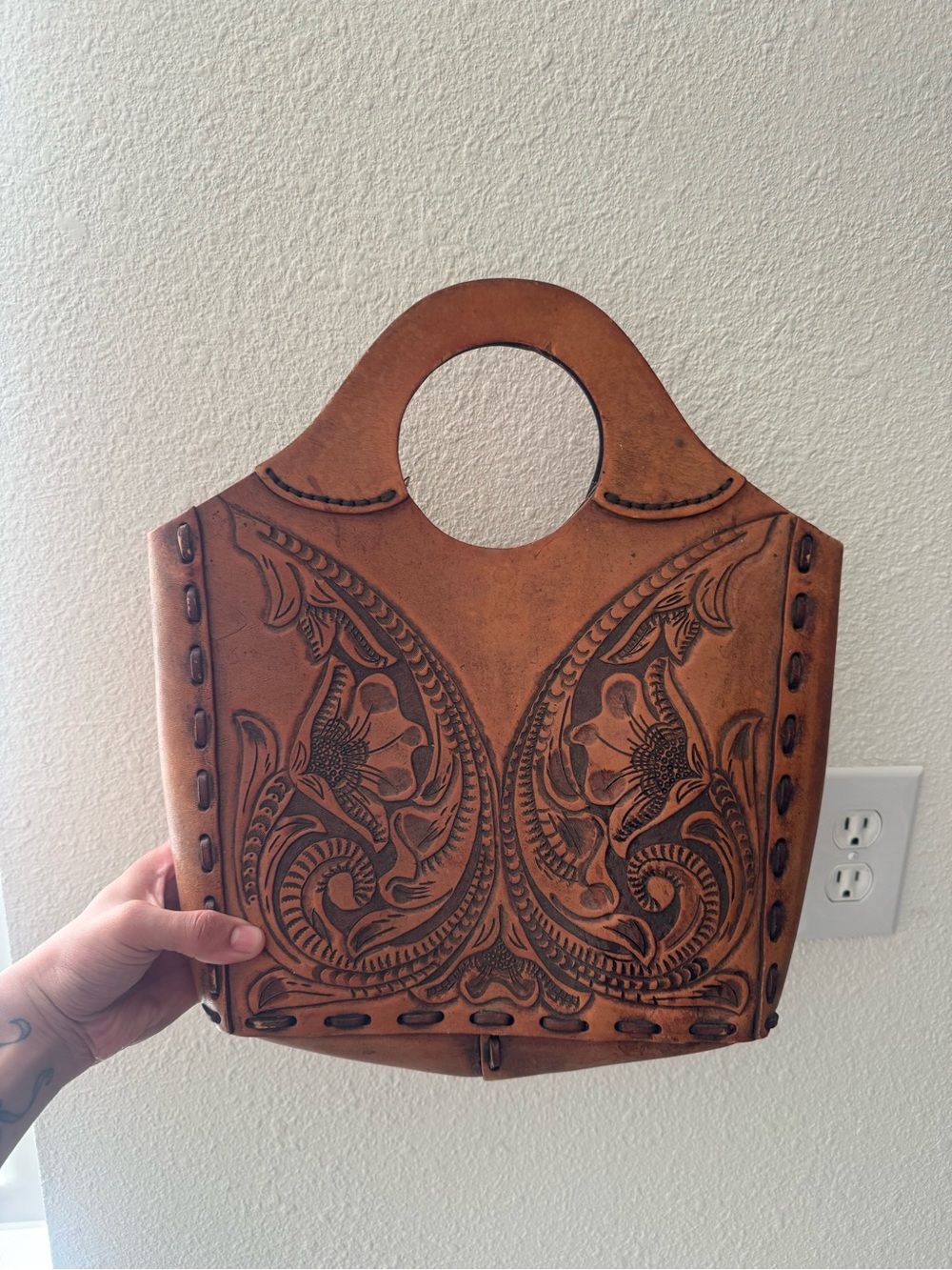 Hand-Tooled Leather Tote Bag in Distressed Tan western purse women